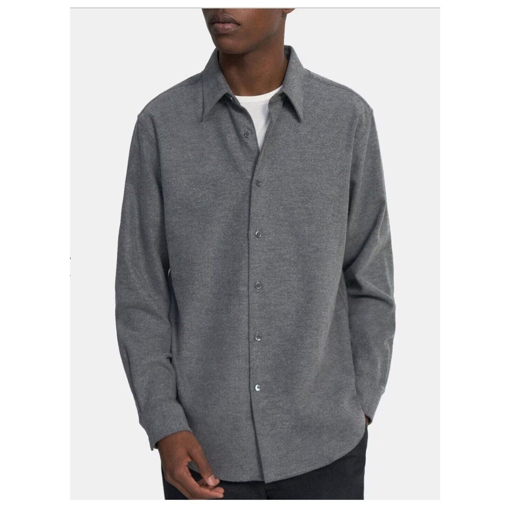Theory Sylas Mens Heather Grey Knit Button‎ Down Shirt Long Sleeve Charcoal L